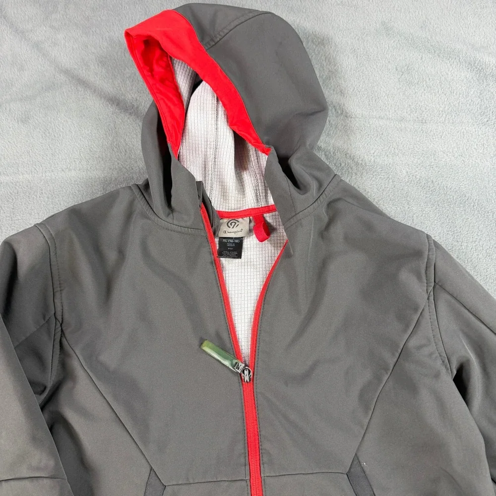 Champion C9 Boys Gray Red Softshell Full Zip Hooded‎ Jacket Size XL 16-18